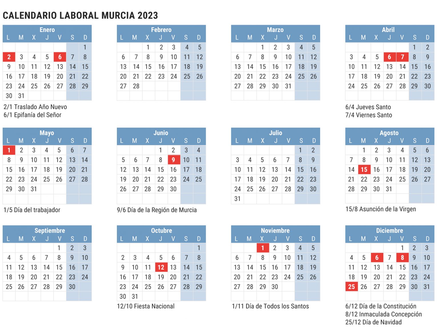 Calendario Laboral en Murcia para 2023 Días Festivos y Puentes